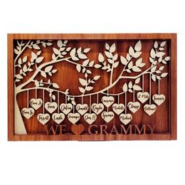 Hanging Hearts Family Names Sign Square Frame Custom Laser Engraving Names and Text Branches Wooden DIY Desktop Decorations 220623