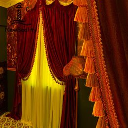 Curtain & Drapes American Curtains For Living Dining Room Bedroom High-end Red Head Electric Carving Embossed Valance VelvetCurtain