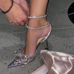 2022 Rhinestone Bow tie Sandals Ankle Bandage Strap Women Wedding Party Shoes Sexy Transparent Gladiators Big Size 35-43