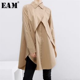 EAM Women Khaki Split Joint Asymmetrical Blouse New Lapel Long Sleeve Loose Fit Shirt Fashion Spring Autumn 1B722 T200322