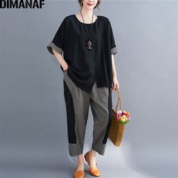 DIMANAF Summer Women Two Piece Set Suit Vintage Plaid Casual Loose Lady Long Pants Suits Short Sleeve Clothing Oversize 220509