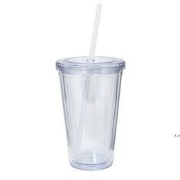 16oz Plastic Tumblers Double Wall Acrylic Clear Drinking Juice Cup With Lid And Straw Coffee Mug DIY Transparent Mugs by sea GCB15013
