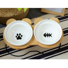 Highend Pet Bowl Bamboo Shelf Ceramic Cat Feeding and Drinking Bowls for Dogs Cats Feeder Accessories Y200917