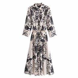 Casual Dresses Women Printed Shirt Dress With Belt Long Sleeves Chic Lady Fashion Button-up Midi Woman Robe