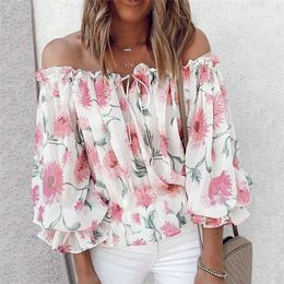 Women Trendy Elegant Casual Shirt Female Stylish Blouse Off Shoulder Floral Print Loose Fit Long Sleeve Top 210716