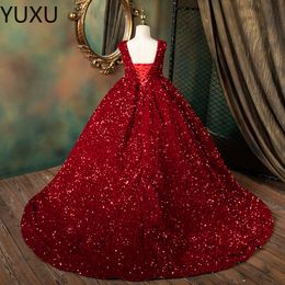 2022 red Sequined Flower Girl Dresses luxury Illusion Long sweep train toddler Girls Pageant Dress Kids Birthday Gowns For Photo Shoot High low