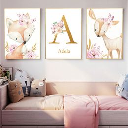 Blumen Poster Nordic Wand Bilder Mädchen Baby Zimmer Dekor Wald Tier Druck Kindergarten Leinwand Malerei Benutzerdefinierte Name Wand Kunst rosa 220623