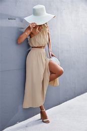 Work Dresses Skew Collar Tie 2-Piece Skirt Suits For Women Summer Sets 2022 Sexy Short Vest Hem Slit Long Suit WomenWork