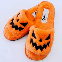 Slippers Halloween Pumpkin Lantern 2022 Autumn Soft Furry Comfort Closed Toe Slides Women Size 43 Outdoor Zapatos MujerSlippers