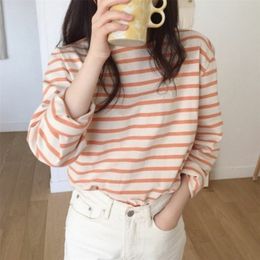 Harteen T Shirt Loose Cotton Striped Tshirt Women Autumn Long Sleeves O-neck Korean All-match Basic Woman Top Femme Tee T-shirts 220402