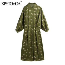 KPYTOMOA Women 2021 Chic Fashion Animal Print Midi Shirt Dress Vintage Lantern Sleeve Button up Female Dresses Vestidos Mujer 210319