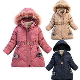 Winter Thick Warm Keep Long Style Girls Coat Imitation Fur Collar Plushball Decoration Hooded Heavy Outerwear For Children J220718