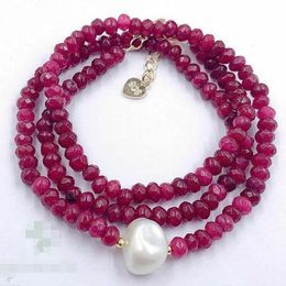 Fashion 2x4mm Red Ruby White Baroque Pearl Necklace 18Inch