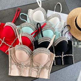 Women Fashion Wear Clothes Sexy Sleeveless Pearls BustierPush Up Night Club Bralette Bra Cropped Top Vest Corset 220331