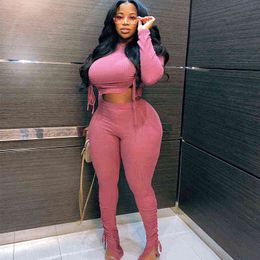 Sexy Plus Size Women Clothing Ribbed Long Sleeve Crop Top and Pants Sets Bodycon Ladies 2 Piece Outfits Wholesale Dropshipping Y220804