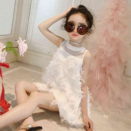 Summer Girls Dress 2022 Fashion Princess Style Back Bow Feather Chiffon Mesh Teens for 4 6 8 10 12 Years Children Girl Clothing Y220510