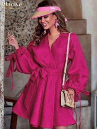 Clacive Elegant Pink Lace-Up Women Dresses Autumn Lapel Long Sleeve Vacation Mini Dress Causal Loose Cotton Female Dress Pocket T220804