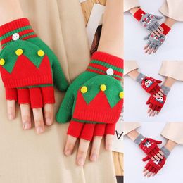 Five Fingers Gloves Santa Claus Pattern Women Autumn Winter Soft Half Finger Mittens Knitted Flip Top Thick Warm Fingerless