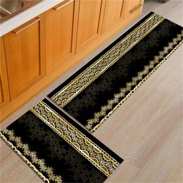 Carpets Black Kitchen Floor Mat With Little Gold Flower Luxury Decor Home Entrance Bedside For Bedroom Anti-slip Bathroom MatCarpets