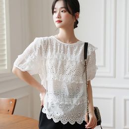 Women's Blouses & Shirts Summer Women White Hollow Out Embroidery Lace Blouse Shirt Blusas Mujer De Moda 2022 Lady Sexy Back Up FemmeWomen's