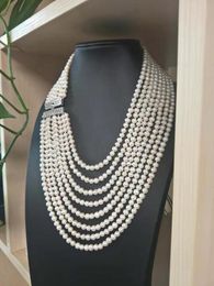 Chains Hand Knotted Design 8 Rows Genuine 5-6mm White Freshwater Pearl Necklace Handmade Fashion JewelryChains