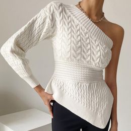 Women's Sweaters Slim Elegant One Shoulder Waist Irregular White Twist Knitted Sweater Sueter Mujer Pull 2022 Fall Jumper Oversized Knit Coa