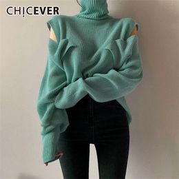 CHICEVER Asymmetric Sweater For Women Turtleneck Lantern Long Sleeve Patchwork Button Up Pullovers Sweaters Female New 210203