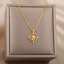 Chains Goth Zircon Round Compass Pendants Necklace for Women Stainless Steel Gold Sliver Colour North Star Sailing Jewellery Giftchains