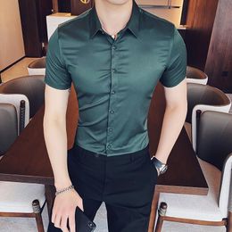 Men's Casual Shirts Pink Mens Green Dress Short Sleeve Slim Fit Elegant Korean Fashion 2022 Plain Clothing OfficeMen's