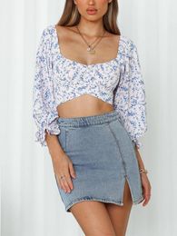 Women's Blouses & Shirts Or Tops For Woman 2022 Elegant Square Neck Waist Tie Sexy Crop Top Women 3/4 Sleeve Beach Summer Floral Print Blous