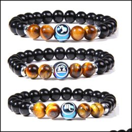 Beaded Strands 12 Zodiac Strand Bracelet Natural Tiger Eye Stone Couples Lovers Friendship Charm Bracelets Men Women Buddha Baby Dhsas