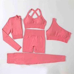 New Yoga Set Five Piece Women Gym Single And Double Band Bra Exercise Butt Lift Sport Shorts Long Pants With Zipper Top J220706