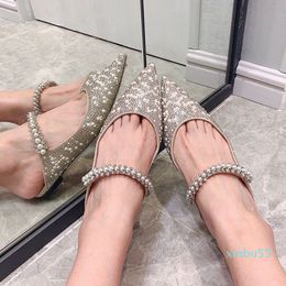 Sandali bing in pelle con tacco alto da donna sandali a punta con perla con diamanti scarpe basse con tacco in pelle scarpe da festa di nozze taglia 35-42