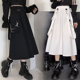 HOUZHOU Gothic Long Skirt Women Mall Goth Punk Chain Pocket Loose Strap Black High Waist Midi Grunge Harajuku Streetwear 220322