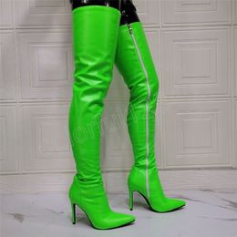 Women Neon Boots Shiny Leather Long Zipper High Heels Over the Boots Ladies Shoes Woman Large Size
