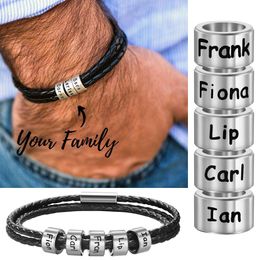 Personalised Custom Engrave Family Names Stainless Steel Bead Charms Bracelets Genuine Leather Magnet Clasp Bangle Gift