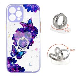 Metal Finger Ring Holder Shockproof Cases for iphone 13 pro max 12 11 X XR XS MAX 7 PLUS Bling Glitter Ocean Hard PC Acrylic TPU Butterfly Flower Cover