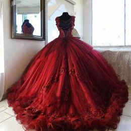 Bury Quinceanera Dresses V Neck 2022 Lace Applique Beaded Satin Custom Made Sweep Train Corset Back Sweet 16 Formal Pageant Ball Gown Princess Wear 401 401