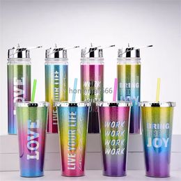 New!!! 550ml Tumblers Rainbow Gradient Color Water Bottles Double-layer Plastic Straw Cup Portable Outdoor Sport Running Water Drinkware Bottle Fast Delivery!!! AA