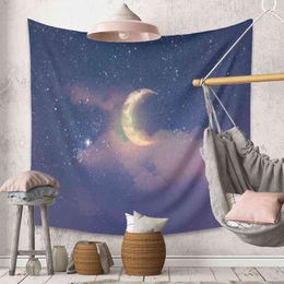 Purple Nature Carpet Wall Hanging Moon Star Night Sky Trippy Tapesty Aesthetic Room Decor Home Decoration Wall Blanket Curtian J220804