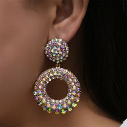 Elegant Shiny Geometric Crystal Round Circle Long Hoop Earrings Colourful Rhinestone Drop Earring Diamond Dangle Earrings Bridal Jewellery for Women