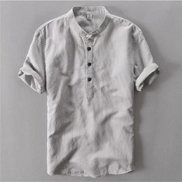 Male Spring Summer Brand Shirt Men Short Sleeve Loose Thin Cotton Linen Shirt Male Fashion Solid Color Trend ONeck Collar