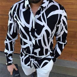 Punk Style Men's Silk Satin Black White stripe printing Shirts Male Slim Fit Long Sleeve Flower Casual Party Shirt Tops 220324
