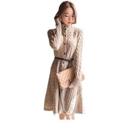 Sweater Cardigan Winter Korean Vintage Slim Long Sweater Dress Single Breasted Turtleneck Knit Sweater Dress