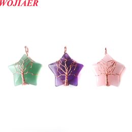 European Jewelry Crystal Natural Stone Necklace Wrap Wisdom Tree Rose Gold Star Pendant BO976