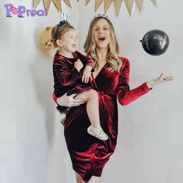 PopReal Winter Fashion Mom And Daughter Dress Solid V-Neck Long Sleeve Red Family Matching Outfits Mother Kids Gift