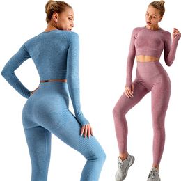 Women 2pcs Seamless Yoga Set Sport Suit Gymwear Workout Clothes Long Sleeve Gym Crop Top High Waist Leggings Fitness Sports Wear 220504