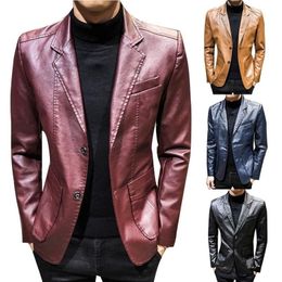 Autumn Winter Coats Jackets Men Solid Color Faux Leather Suit Jacket Long Sleeve Lapel Blazer Men s Jackets and Coats LJ201013