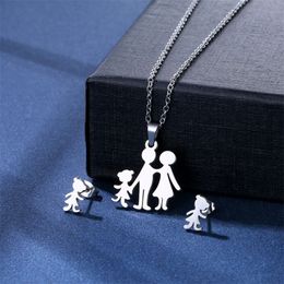 Fashion Family of three Parents Kids Pendant Stainless Steel Necklace Stud Earrings Set Love 's Memorial Jewelry Keepsake Gift