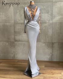 mermaid night gown NZ - New Luxury Long Sexy Mermaid Prom High Neck Long Sleeve Crystals Silver Satin Women Formal Evening Party Night Gowns